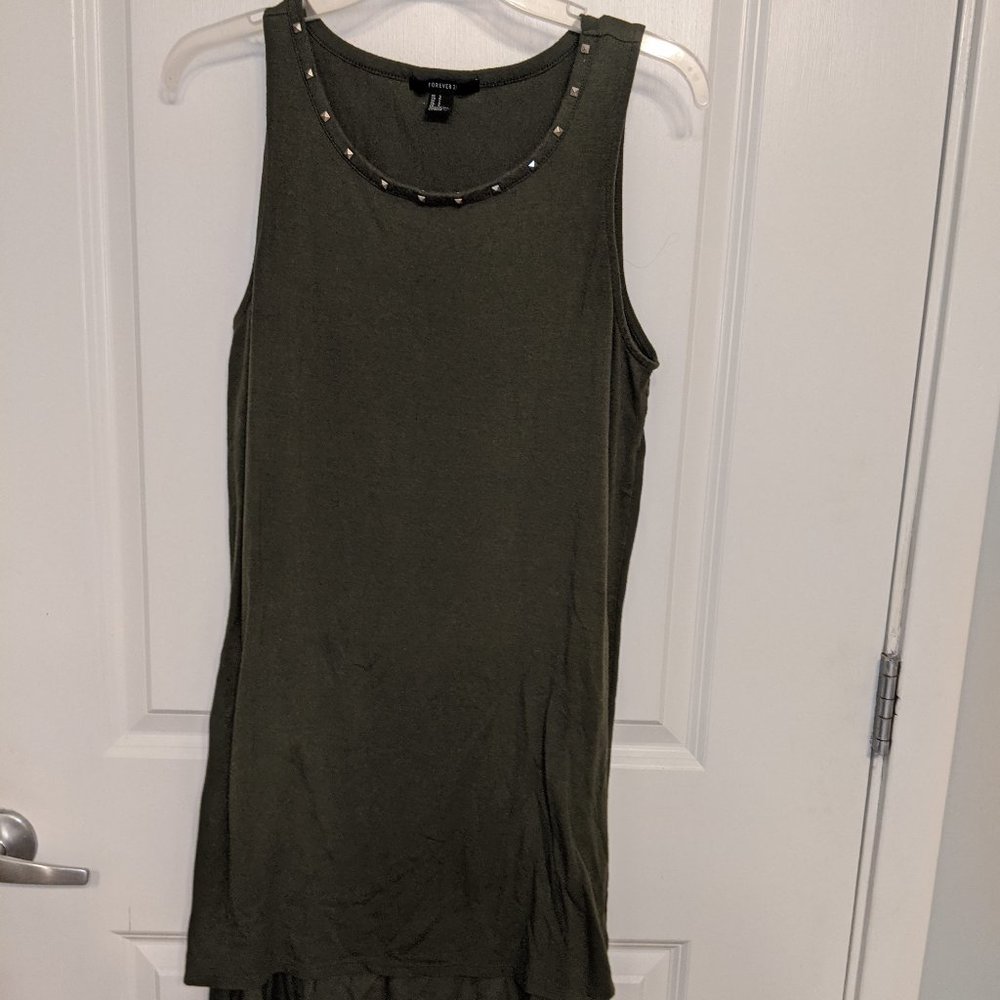 Olive green high-low dress with silver spikes